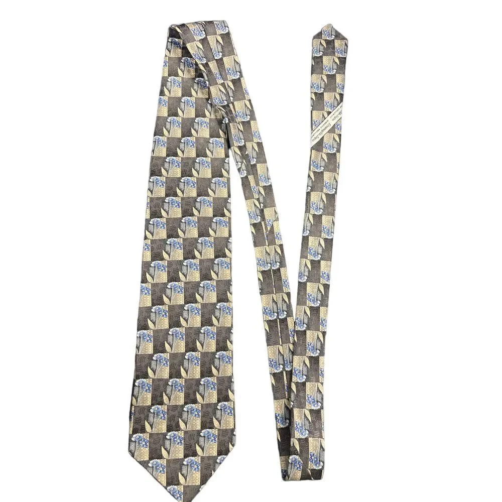 Ermenegildo‎ Zegna Silk Tie Floral Checkered Pattern Blue Gray Luxury  Z-102